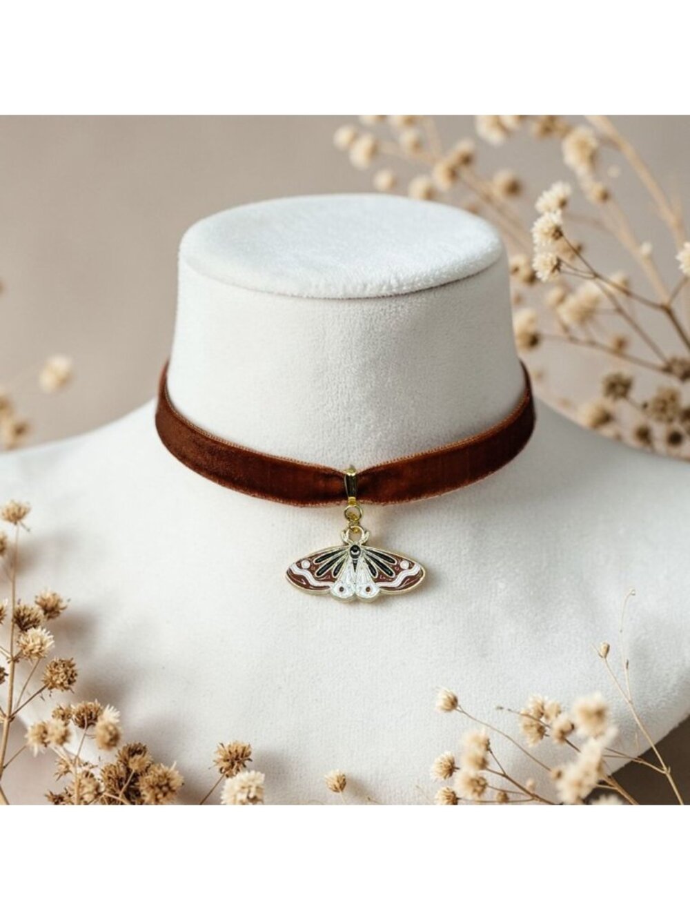 Brown Velvet Moth Choker Necklace – Gothic Moth Pendant Choker, Adjustable Dark